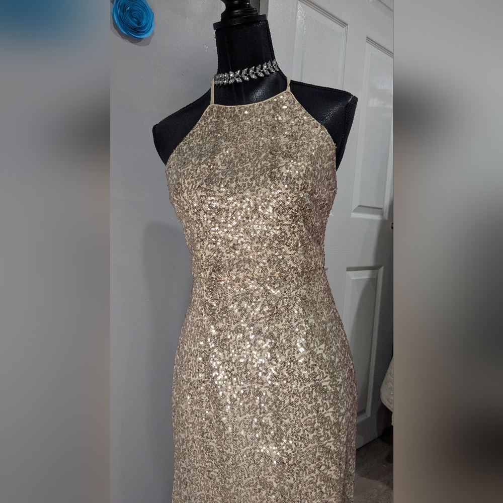 David's Bridal Elegant Gold Sequin Evening Gown - Picture 2 of 6